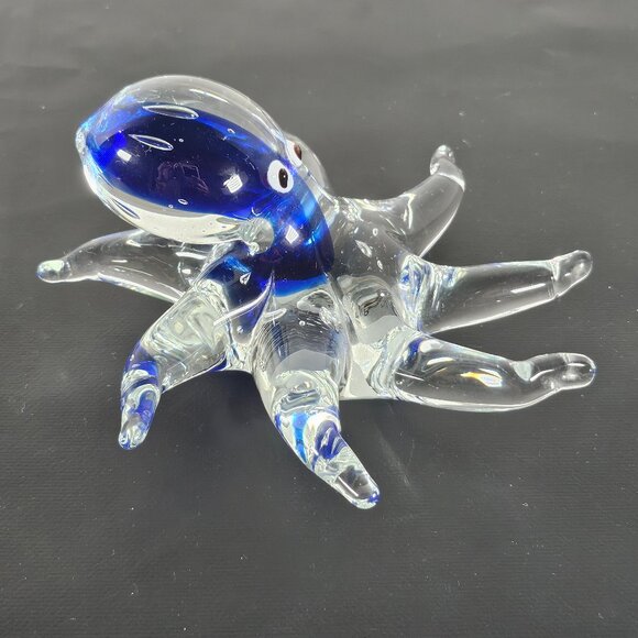 Handmade Handblown Clear/Cobalt Blue Art Glass Octopus Figurine Paperweight - Picture 8 of 12